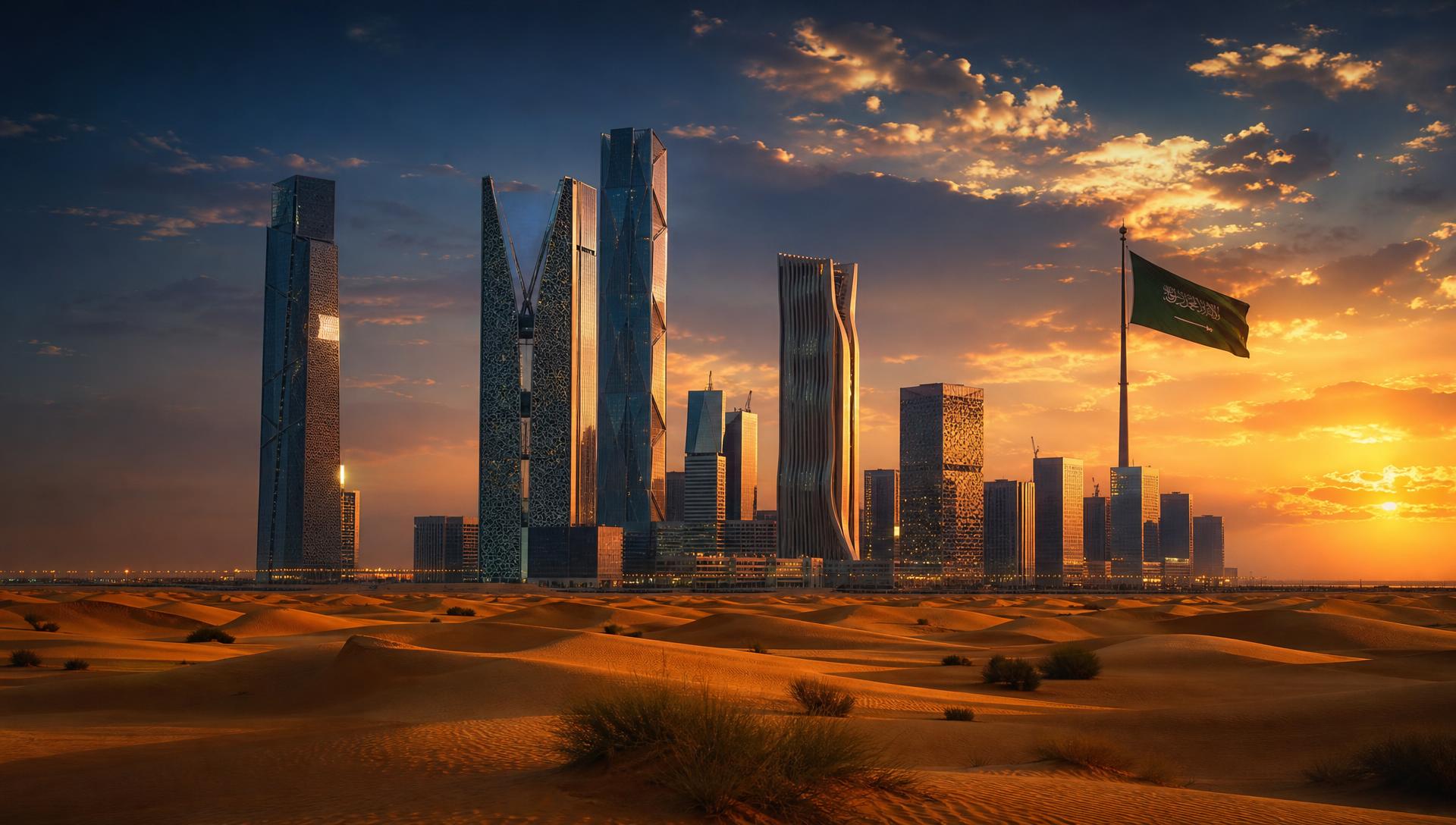 Downtown Riyadh skyline with the King Fahd Financial District rising from desert dunes beneath the Saudi Arabian flag